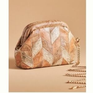 Anthropologie Elegant Patchwork Clutch - Tan and Cream With Removable Gold Chain